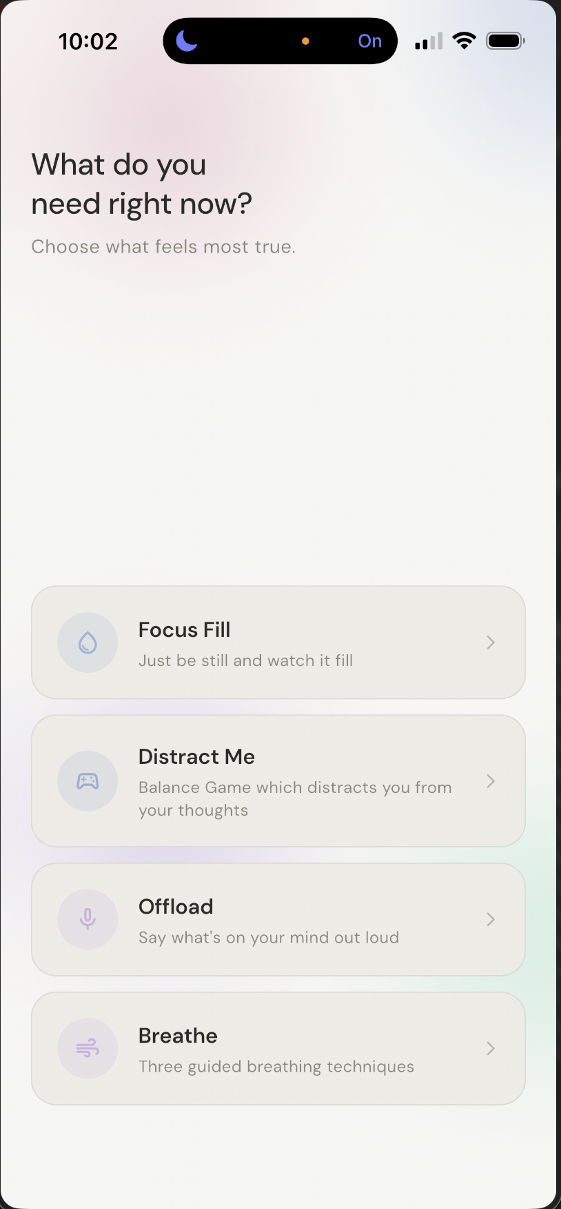 Pre-Performance Companion home screen with four support modes