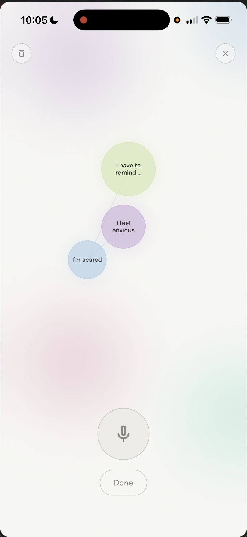 Thought Offloading prototype screen with thought bubbles